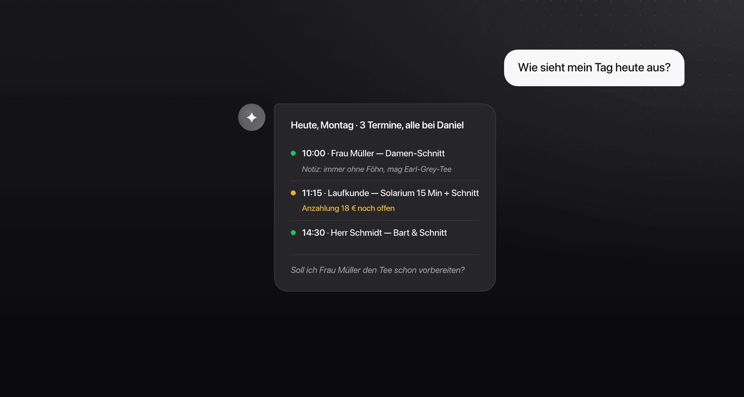 Damina fasst den Salontag im Chat zusammen: drei Termine mit Notizen zu den Kunden